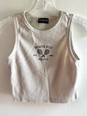 White Fox Boutique Cream Ribbed Cropped Tennis Tank Embroidered Size S